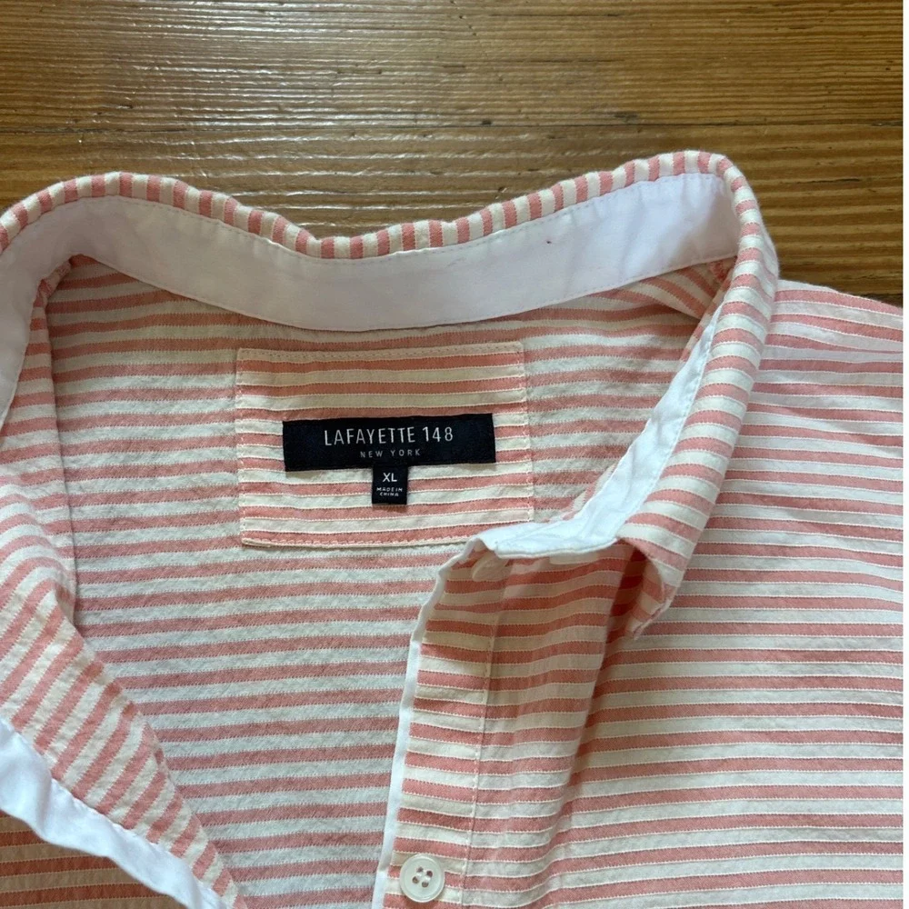 Lafayette 148 Shirt Women Pink Striped Button Down 3/4 Sleeve SIZE XL - Picture 3 of 5